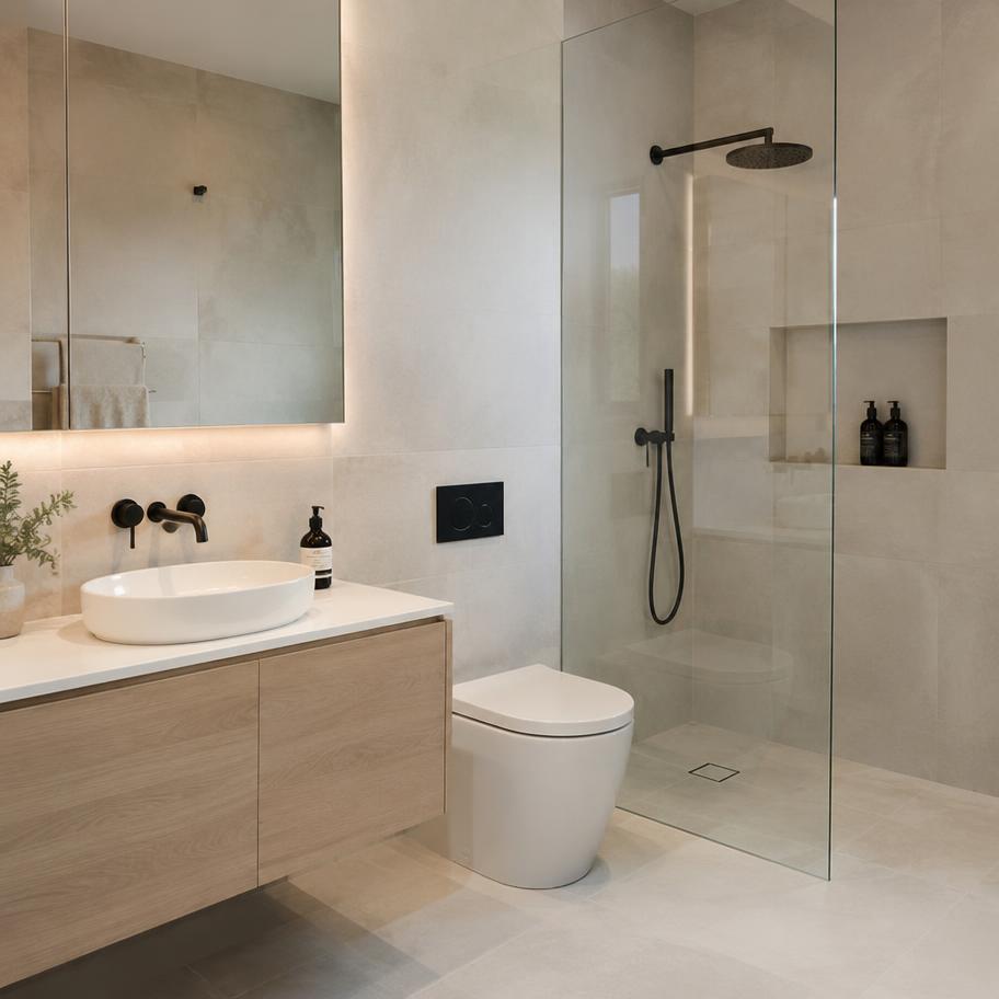 Afgewerkte badkamer met nieuw sanitair