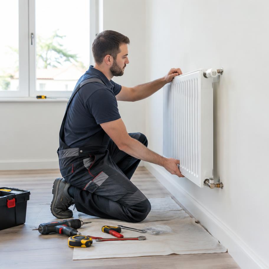 Radiator plaatsen tijdens installatiewerk